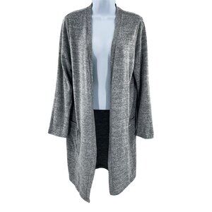 Coverstitched Longline Open Front Knit Cardigan Sweater Top Gray
